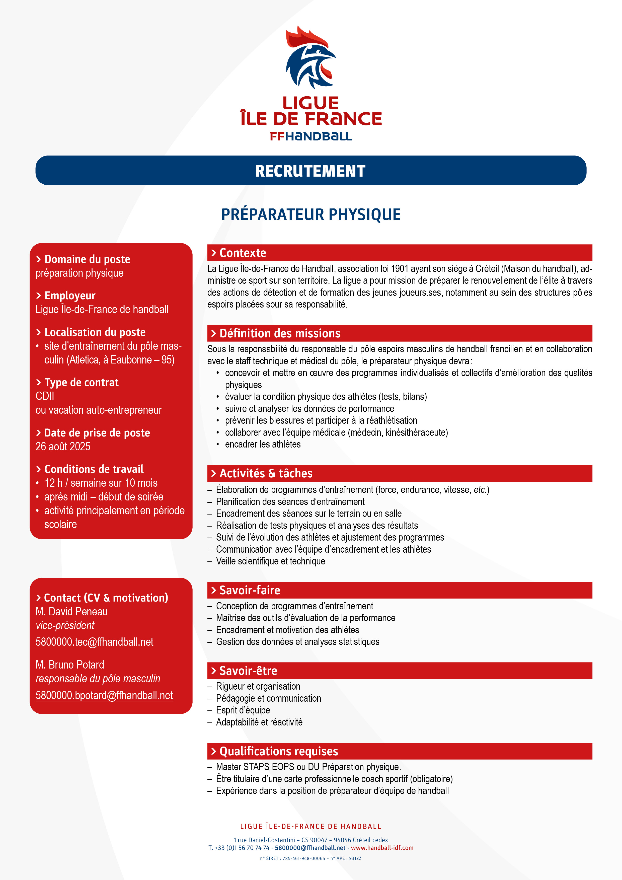 ligueIDF fiche de poste prepa physique 3e 2025